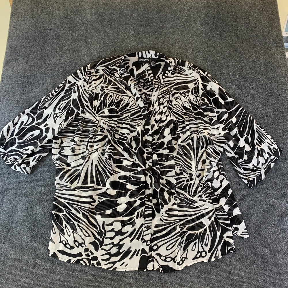 Maggie Barnes Shirt Womens 3X 26/28 Black Abstract Print 3/4 Sleeve Button Up